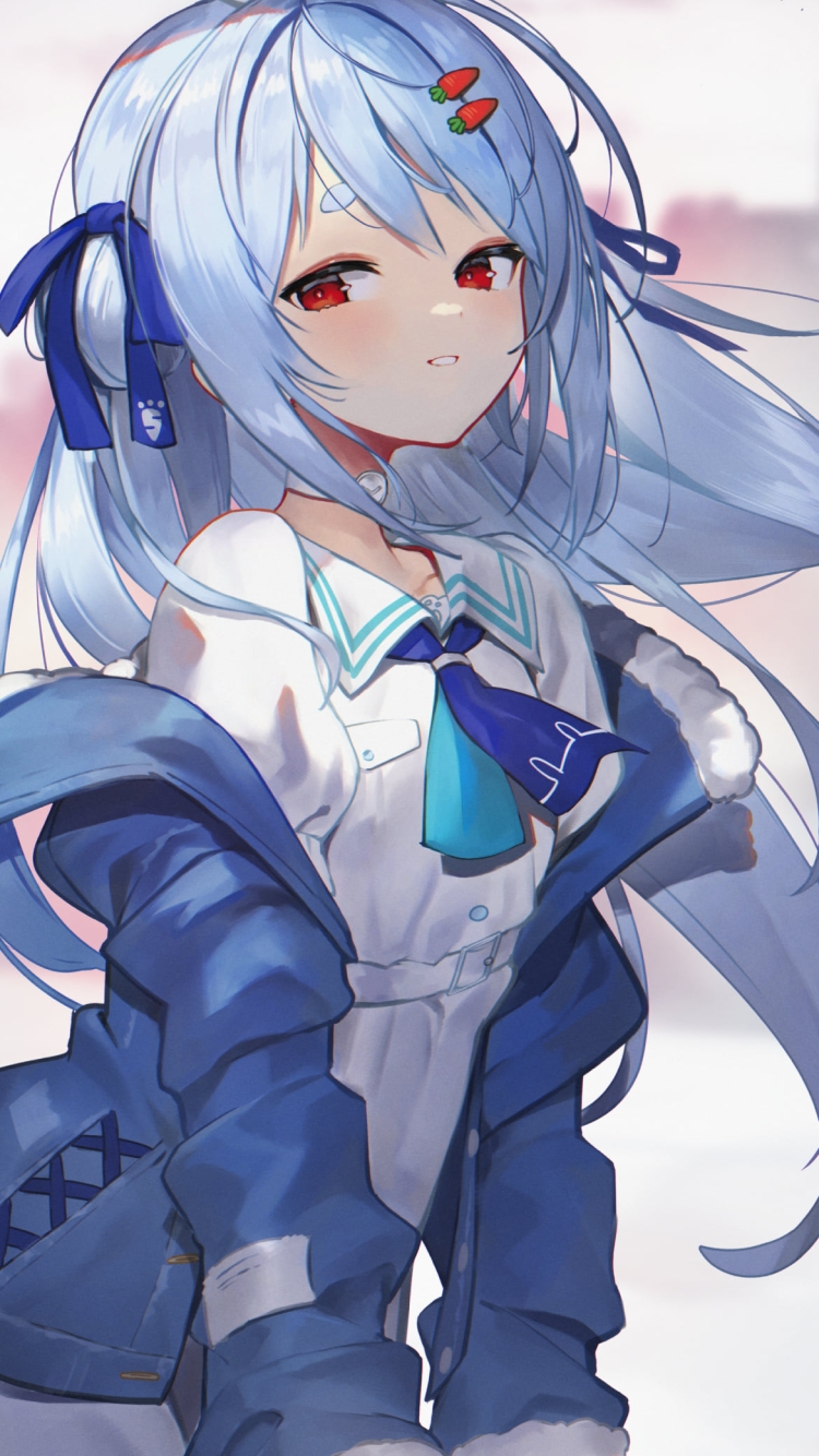 手摺に両手をつきこちらを見つめる兎田ぺこら / ホロライブ / バーチャルYouTuber / Vtuberの750 x 1334 / スマホ壁紙