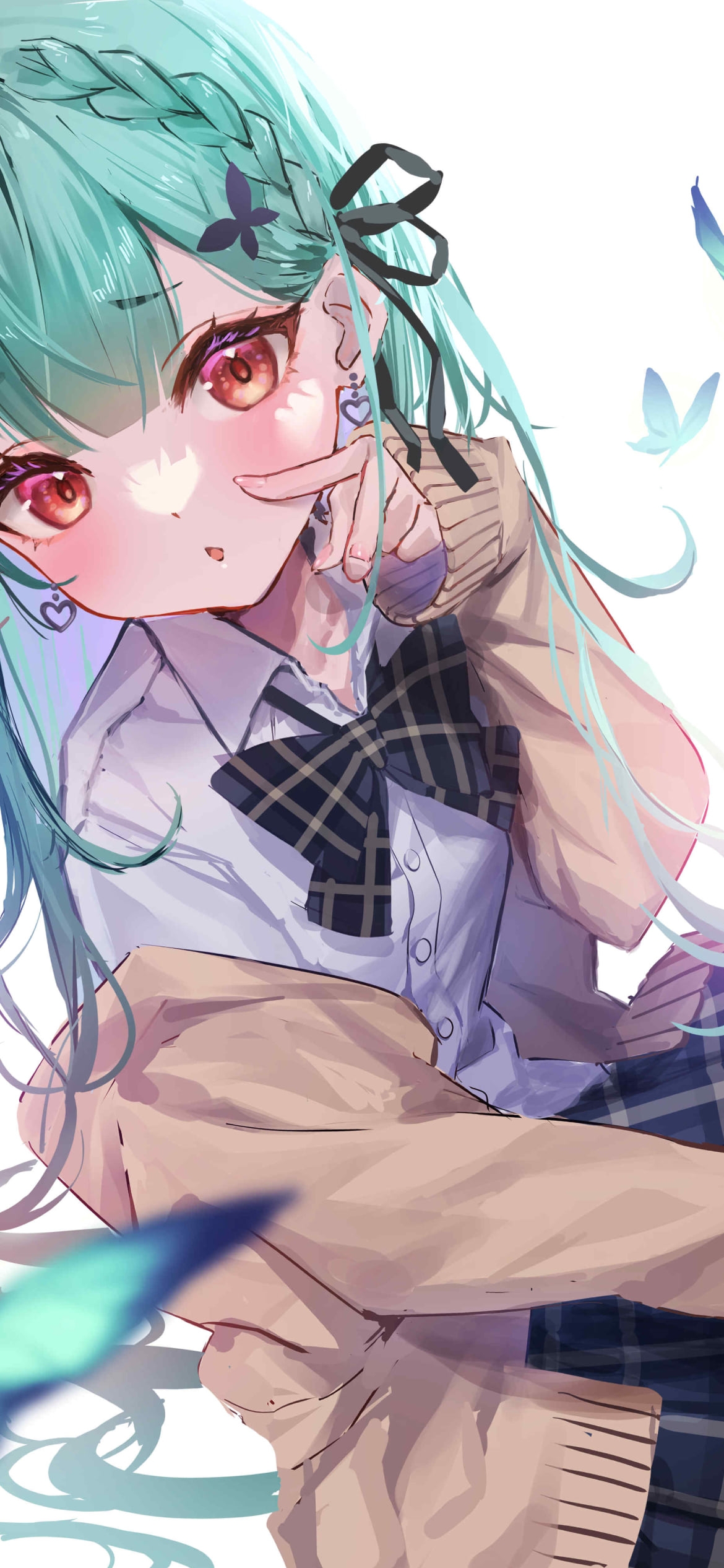 青い蝶を指さす潤羽るしあ / ホロライブ / バーチャルYouTuber / Vtuberの1170 x 2532 / スマホ壁紙
