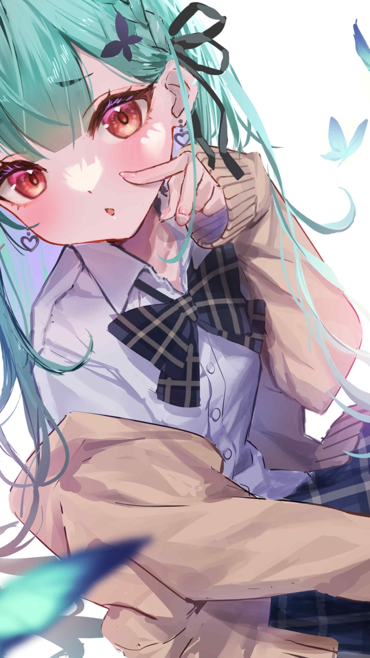 青い蝶を指さす潤羽るしあ / ホロライブ / バーチャルYouTuber / Vtuberの750 x 1334 / スマホ壁紙