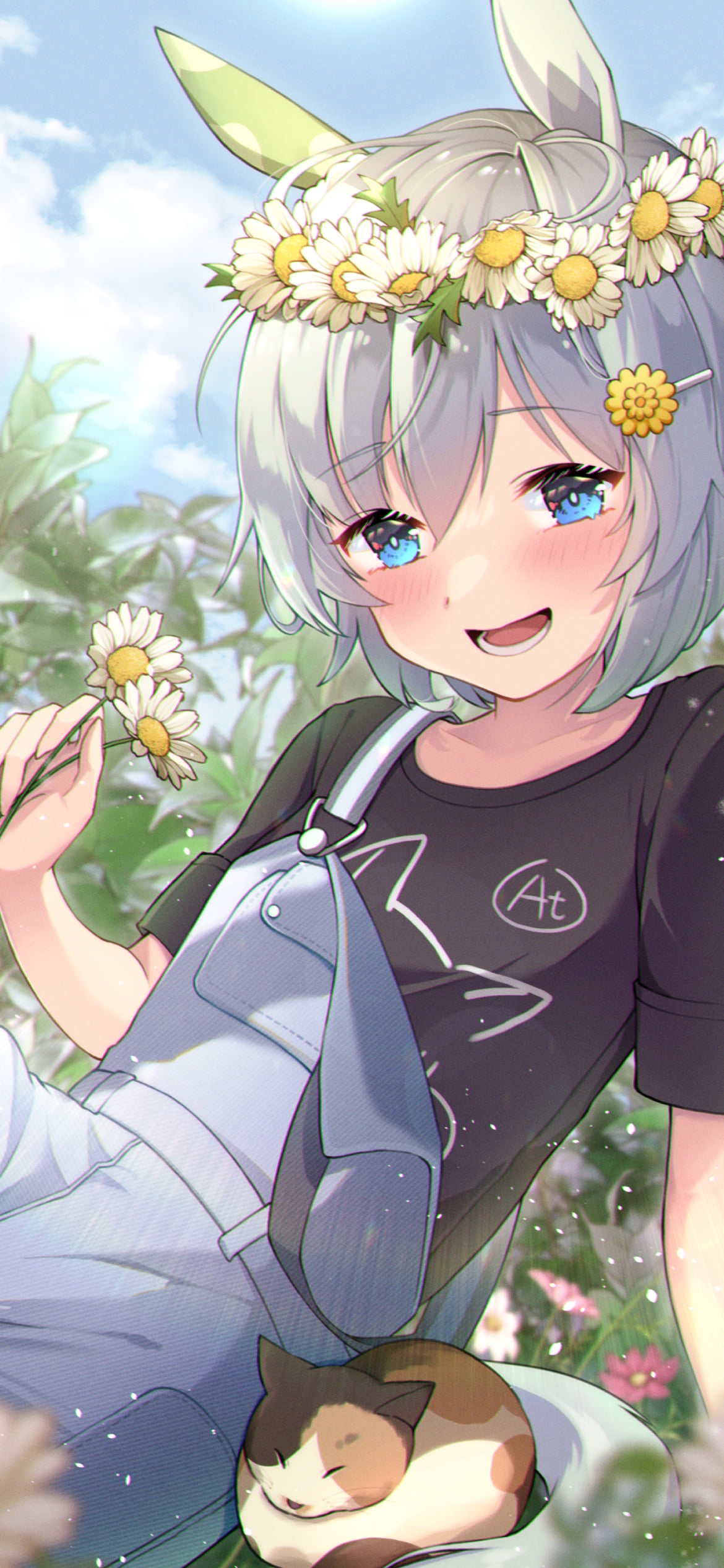 白い花を摘むセイウンスカイ / お昼寝する猫 / ウマ娘プリティーダービーの1170 x 2532 / スマホ壁紙