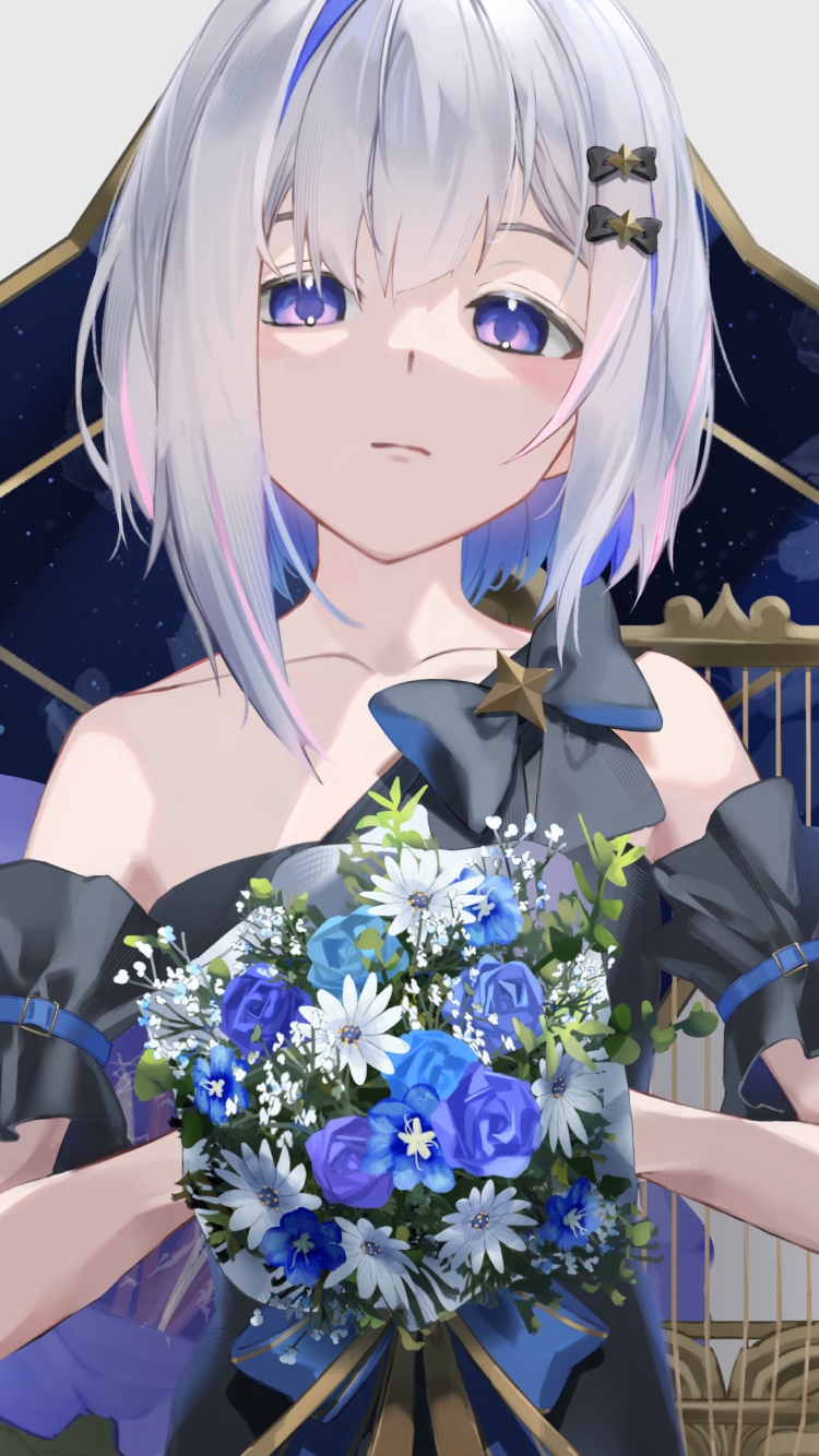 青・白・紫の花束を持ちこちらを見つめる天音かなた / ホロライブ / バーチャルYouTuber / Vtuberの750 x 1334 / スマホ壁紙