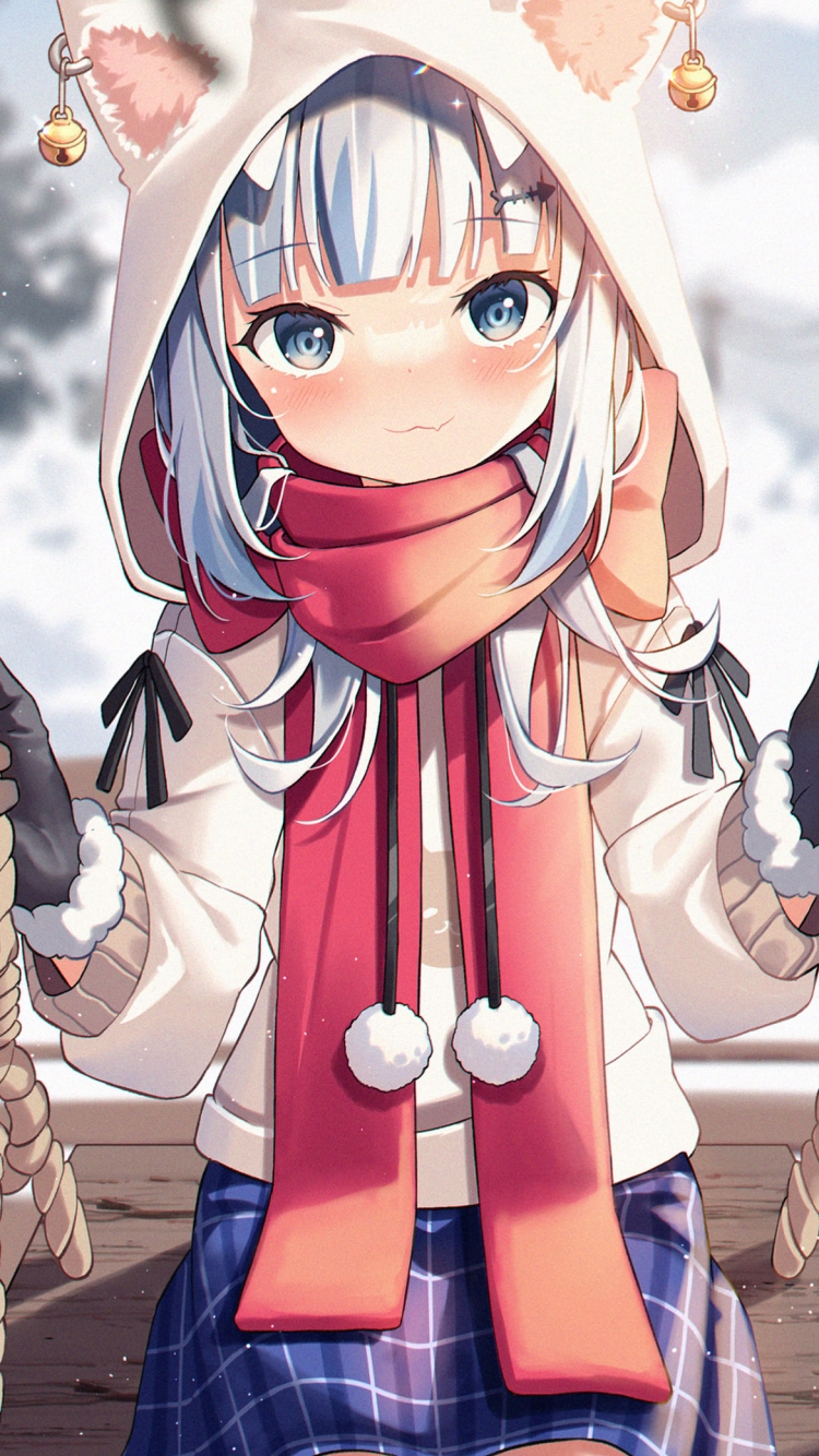 冬、雪が降る中で木のブランコに乗るかわいいがうる・ぐら / ホロライブ / バーチャルYouTuber / Vtuberの750 x 1334 / スマホ壁紙