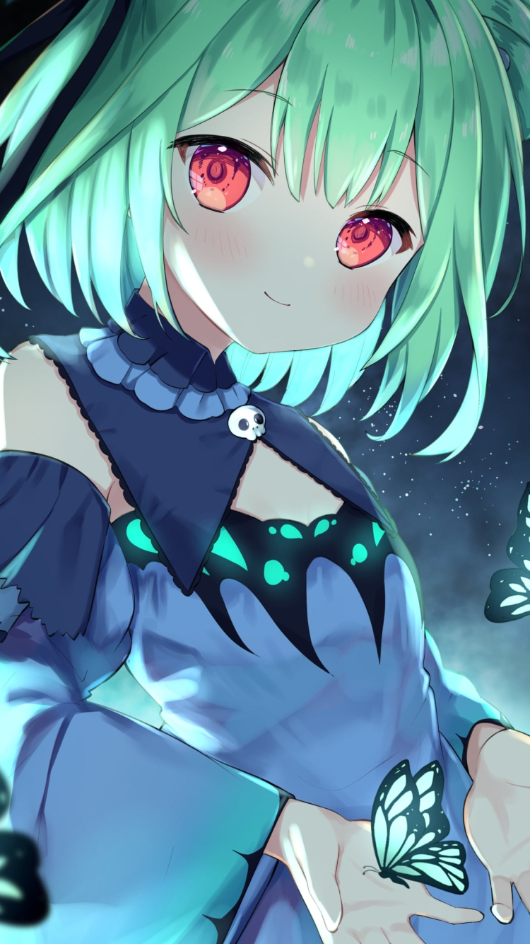 沢山のアゲハ蝶と赤い瞳の潤羽るしあ / ホロライブ / バーチャルYouTuber / Vtuberの750 x 1334 / スマホ壁紙