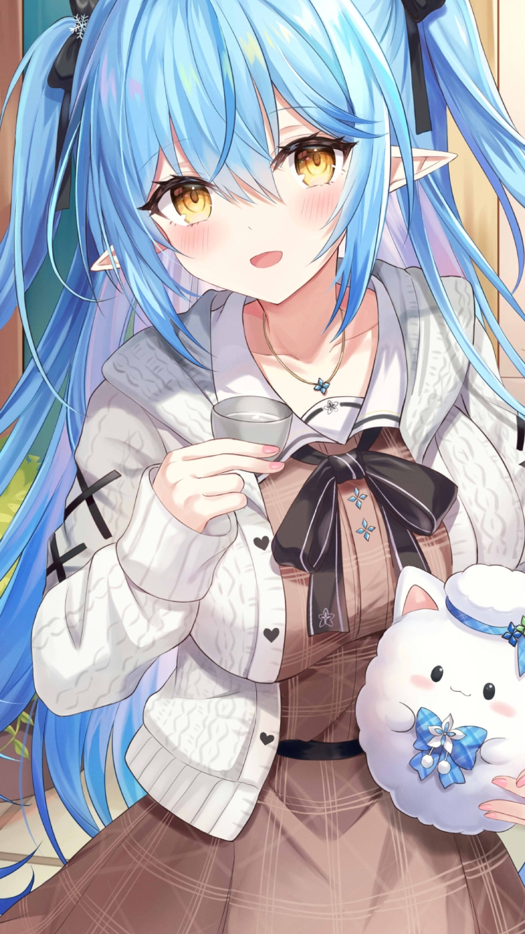 ゆきみんを抱えて日本酒を飲む雪花ラミィ / ホロライブ / バーチャルYouTuber / Vtuberの750 x 1334 / スマホ壁紙
