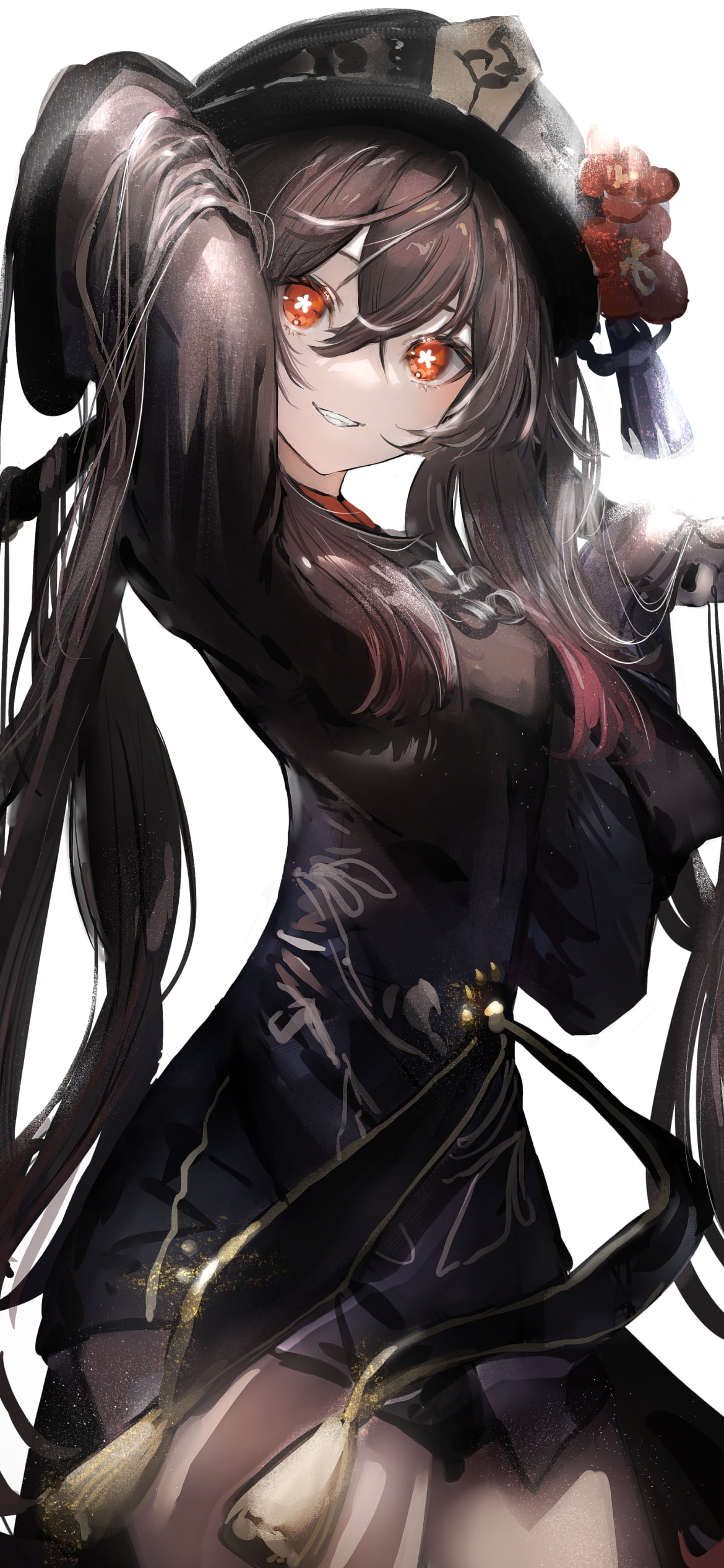 長い黒髪を触る光る赤い瞳の胡桃 / 原神の1170 x 2532 / スマホ壁紙