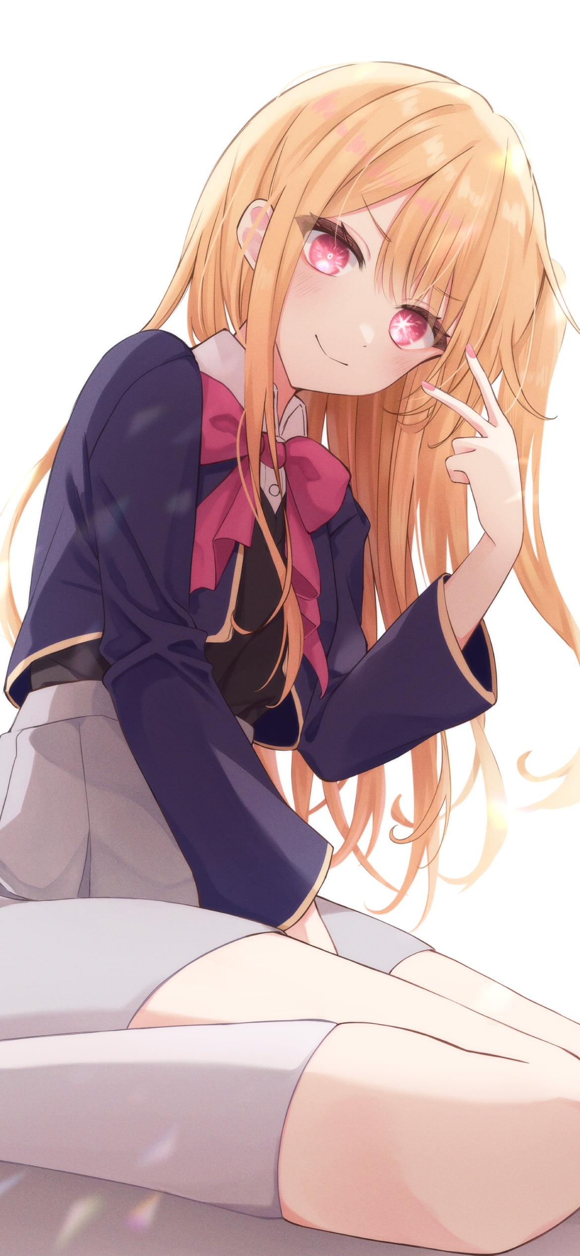 座って微笑みながらピースをする可愛い星野ルビー / 推しの子の1170 x 2532 / スマホ壁紙