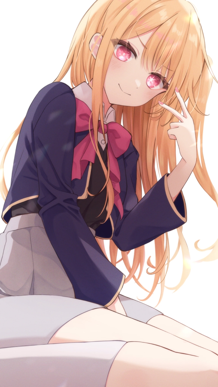 座って微笑みながらピースをする可愛い星野ルビー / 推しの子の750 x 1334 / スマホ壁紙