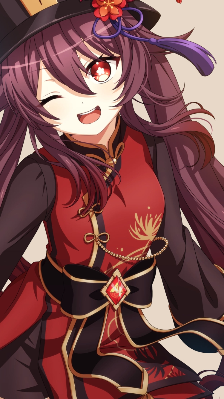 ウィンクする可愛い胡桃 / 赤い瞳 / 赤い花の飾り / 原神の750 x 1334 / スマホ壁紙