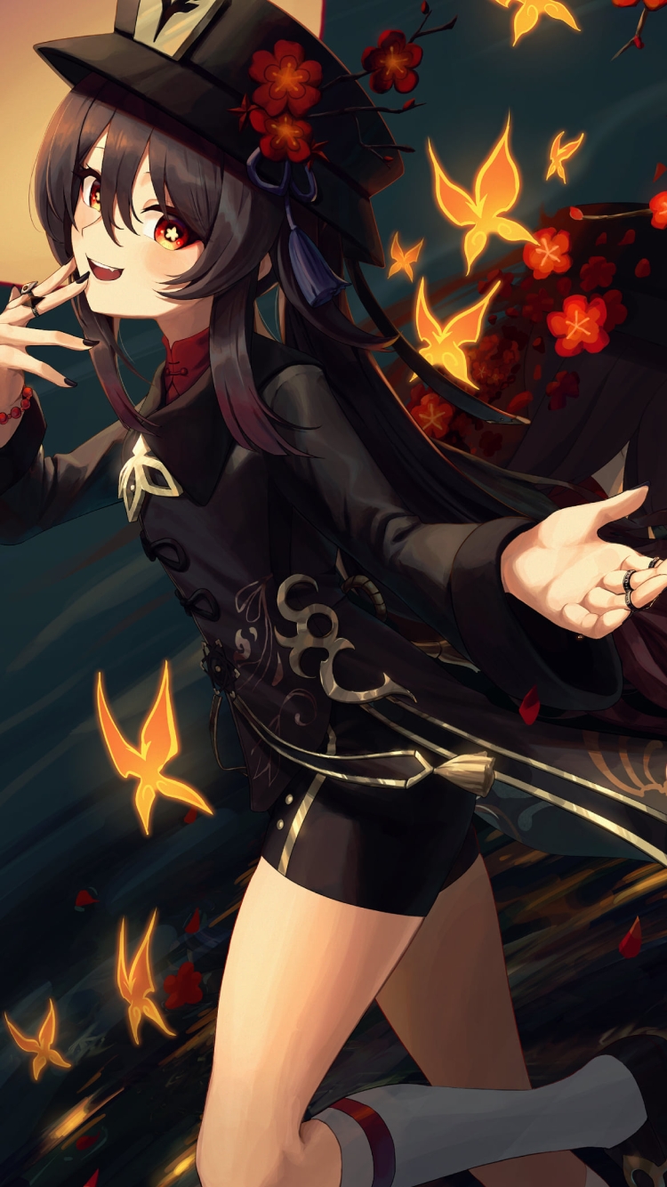 オレンジの蝶と胡桃 / 満月 / 梅の花 / 原神の750 x 1334 / スマホ壁紙