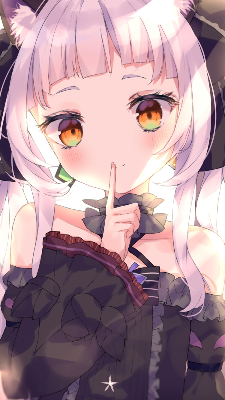 窓辺で「静かに」のポーズをする可愛い紫咲シオン / ホロライブ / バーチャルYouTuber / Vtuberの750 x 1334 / スマホ壁紙