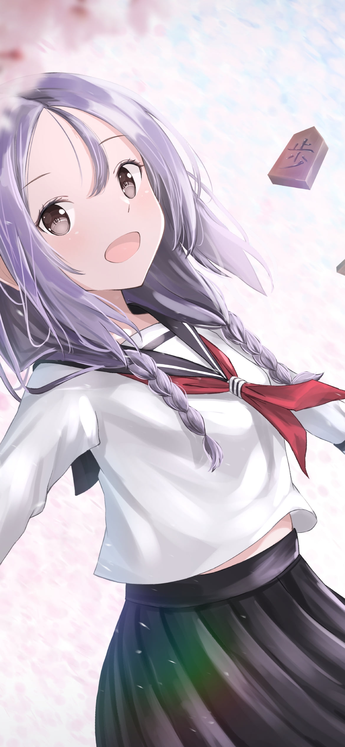 桜とセーラー服を着た笑顔の可愛い八乙女うるし / 舞う将棋の駒 / 歩 / それでも歩は寄せてくるの1170 x 2532 / スマホ壁紙
