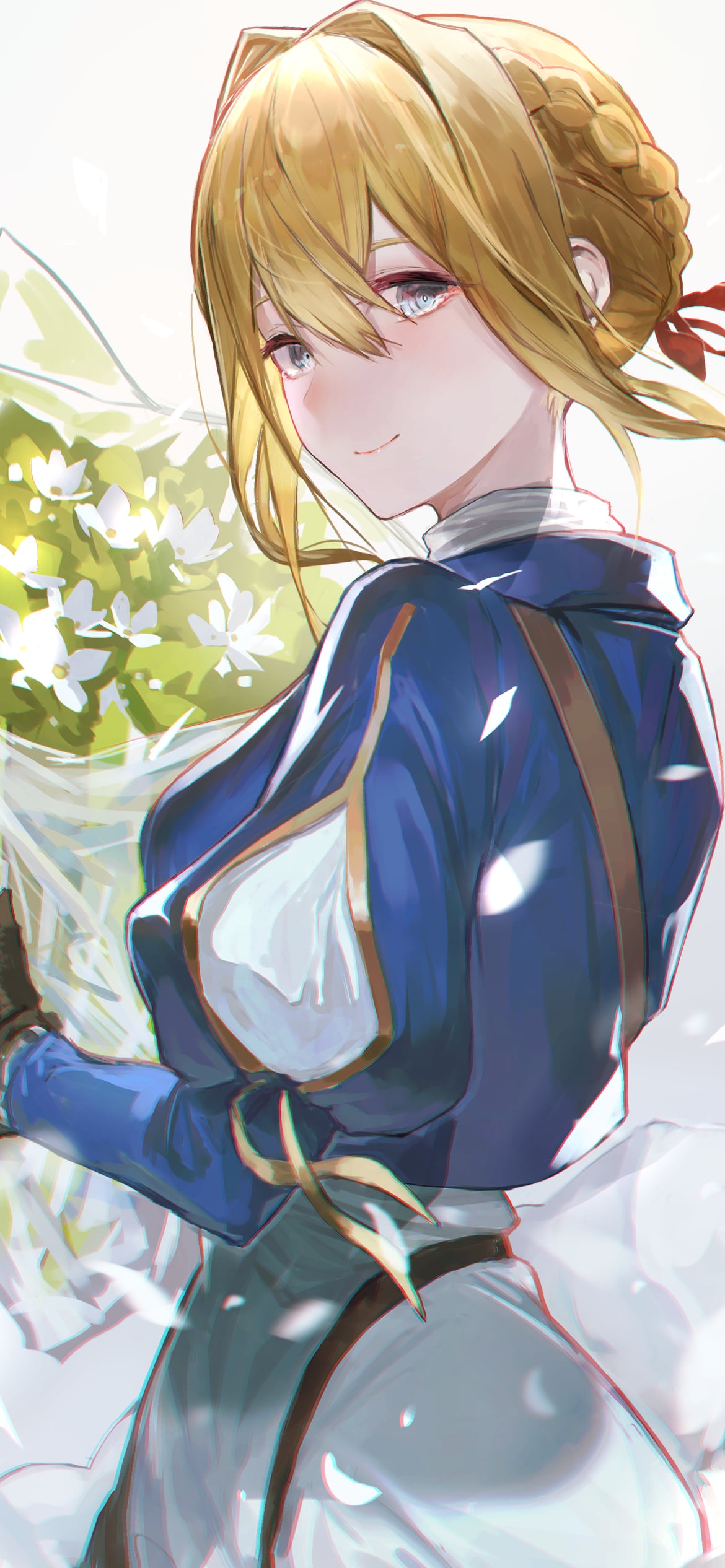 白い花の花束を持つ可愛いヴァイオレット・エヴァーガーデンの1170 x 2532 / スマホ壁紙