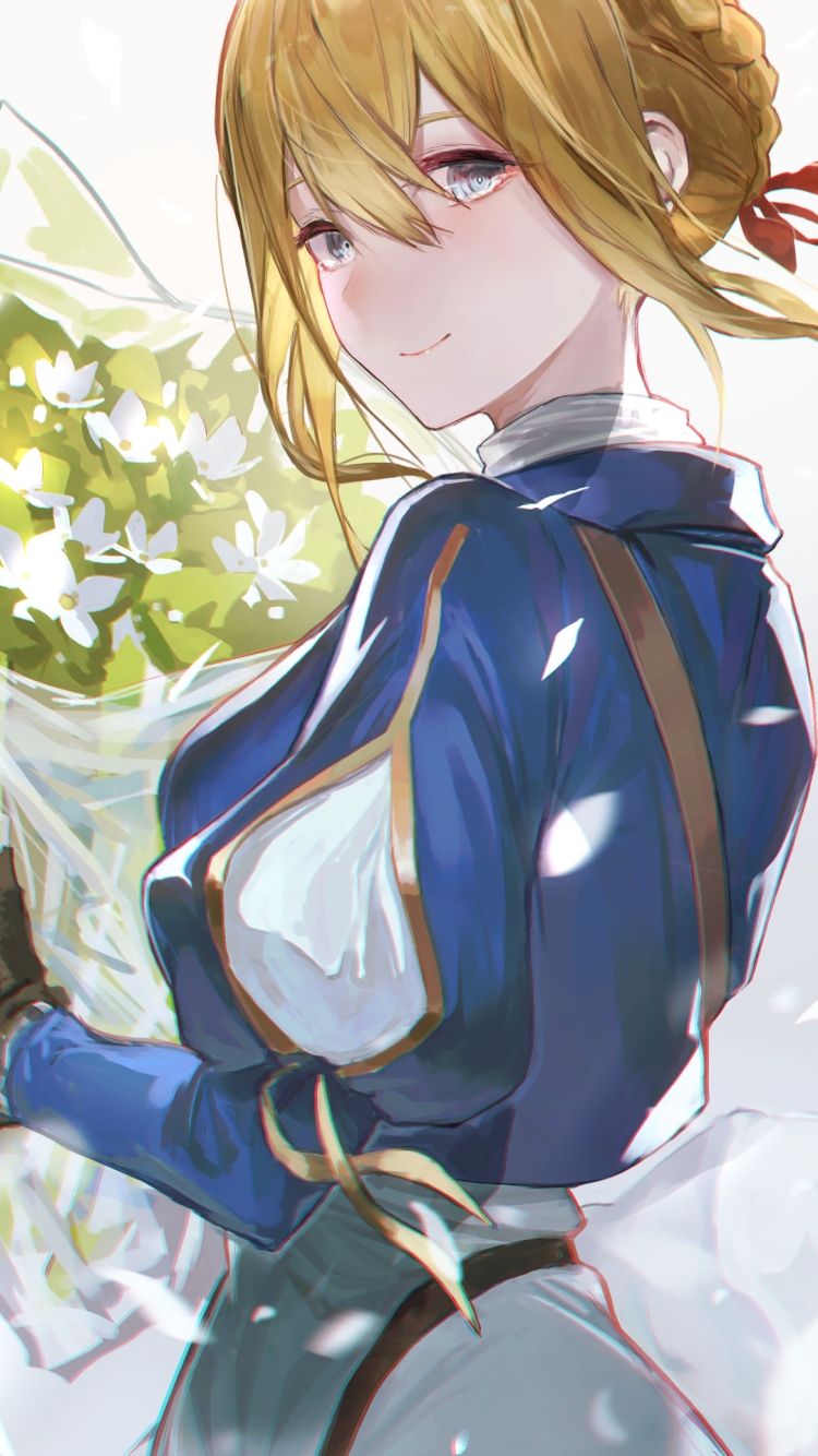 白い花の花束を持つ可愛いヴァイオレット・エヴァーガーデンの750 x 1334 / スマホ壁紙