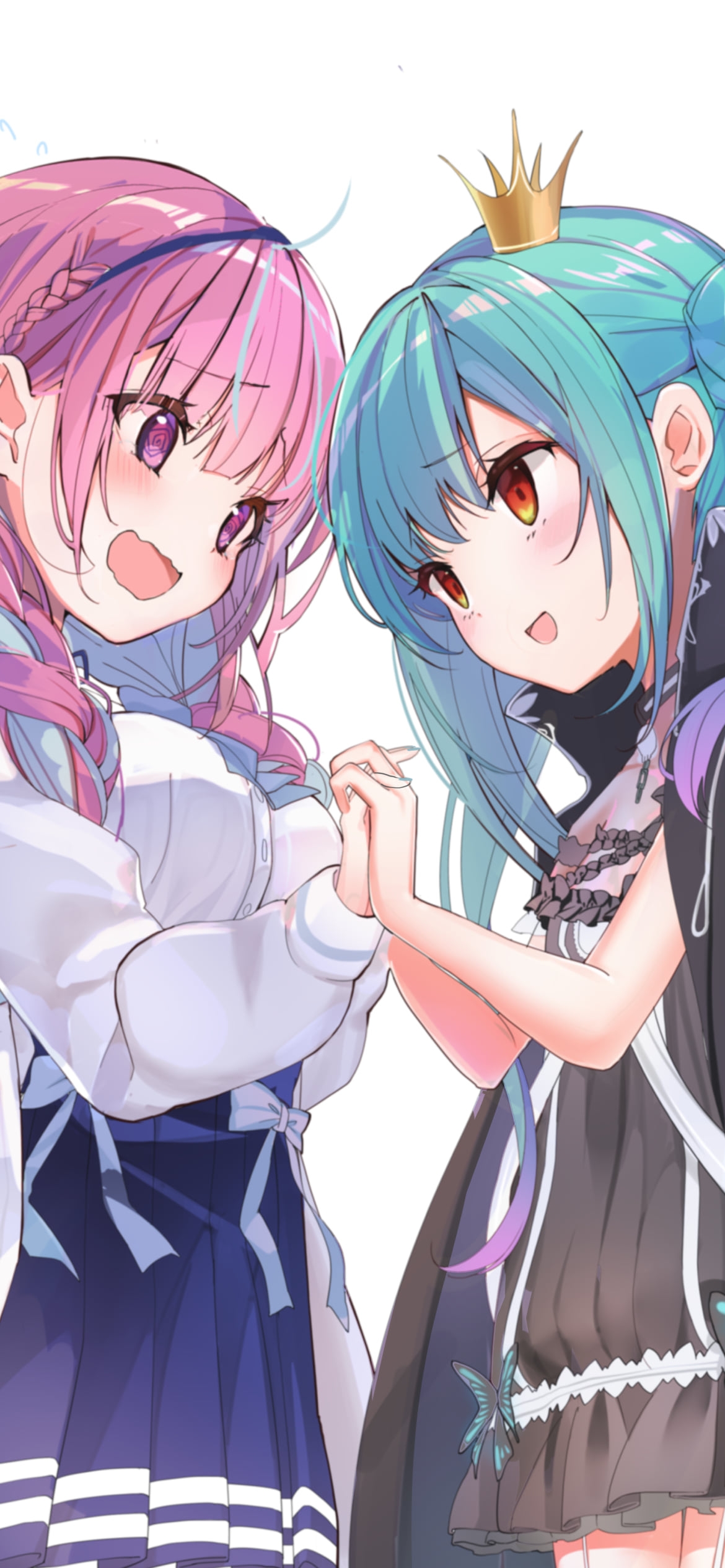 両手を合わせ笑顔の湊あくあと潤羽るしあ / ホロライブ / バーチャルYouTuber / Vtuberの1170 x 2532 / スマホ壁紙