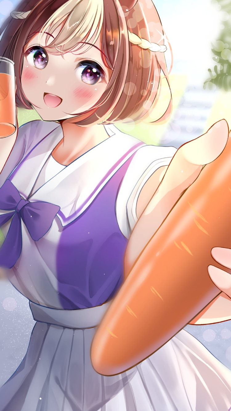 人参ジュースを飲みながら人参を差し出すスペシャルウィーク / ウマ娘プリティーダービーの750 x 1334 / スマホ壁紙