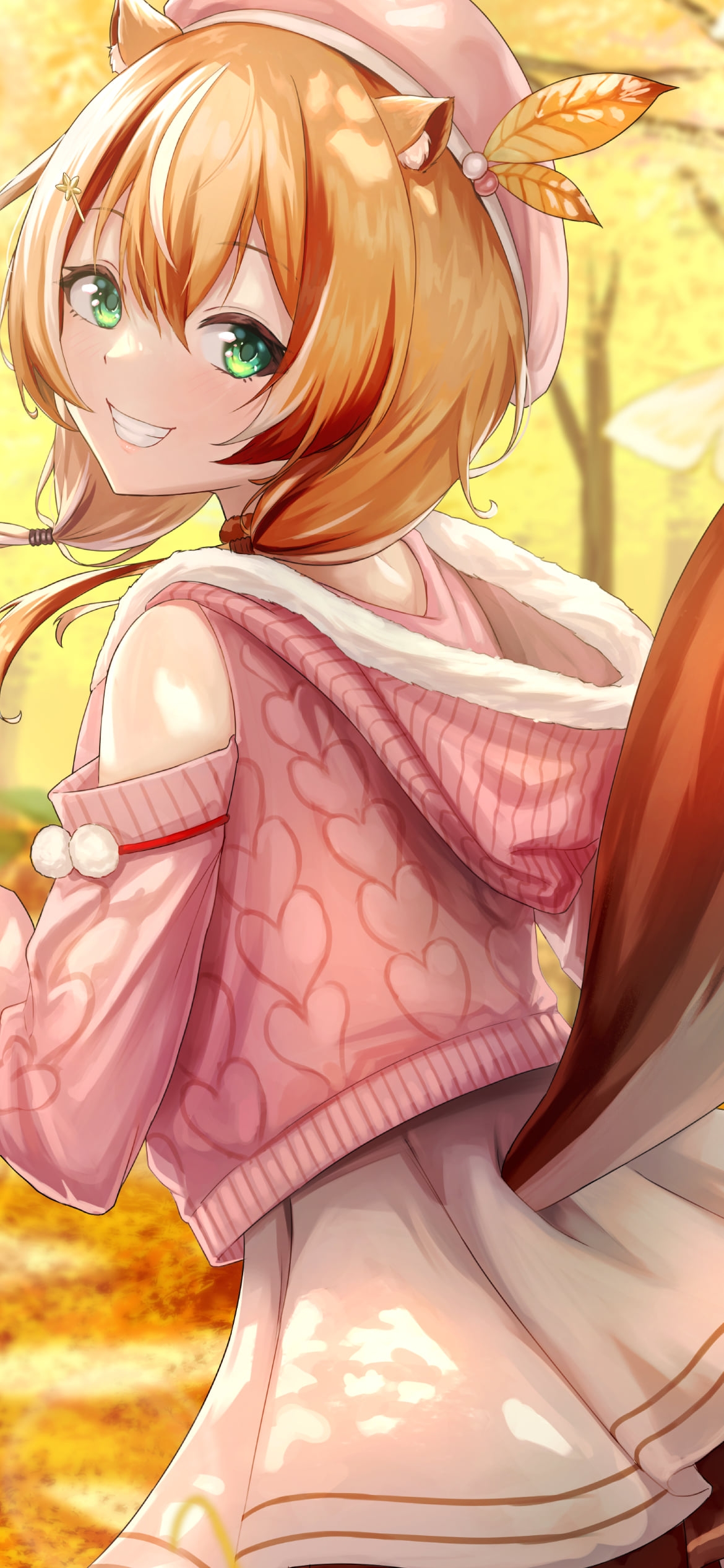 紅葉の中で振り向く笑顔のアユンダ・リス / ホロライブ / バーチャルYouTuber / Vtuberの1170 x 2532 / スマホ壁紙