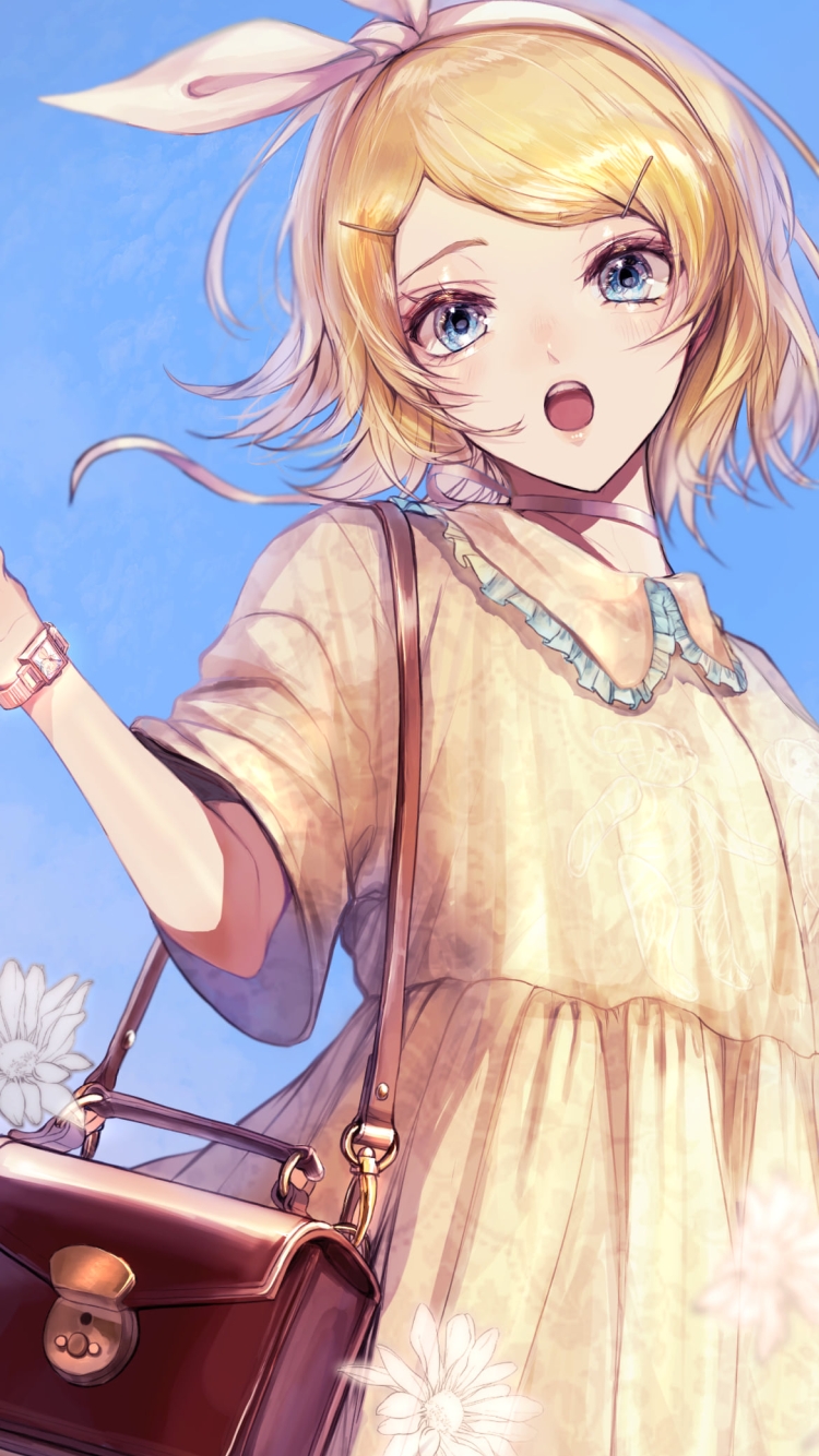お出かけでウキウキの鏡音リン / 茶色い鞄 / ボカロ / ボーカロイドの750 x 1334 / スマホ壁紙