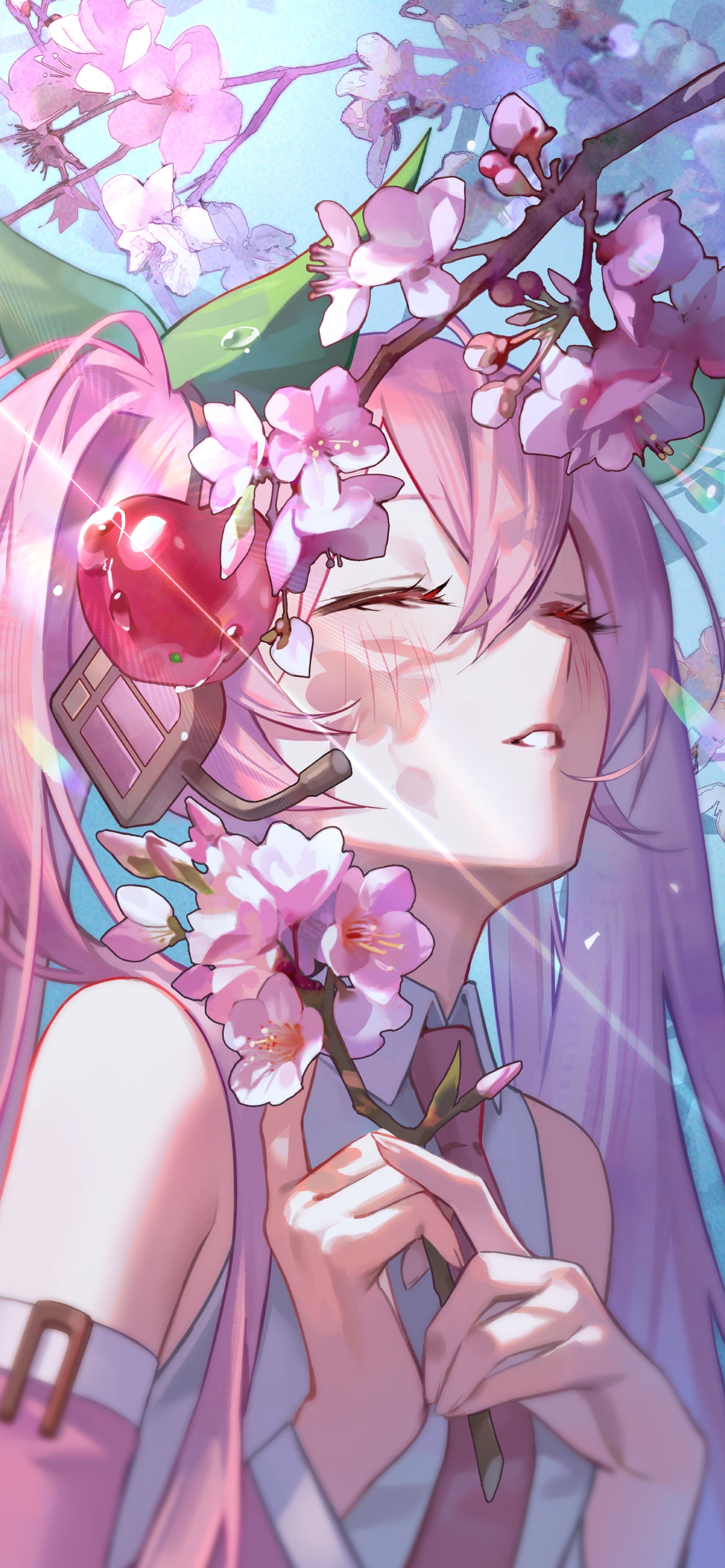 桜の花に顔を近づける可愛い桜ミク / サクランボの髪飾り / 初音ミク / ボカロ / ボーカロイドの1170 x 2532 / スマホ壁紙