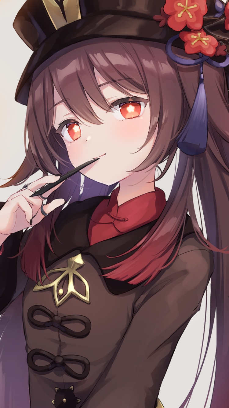 黒いペンを咥える可愛い胡桃 / 原神の750 x 1334 / スマホ壁紙
