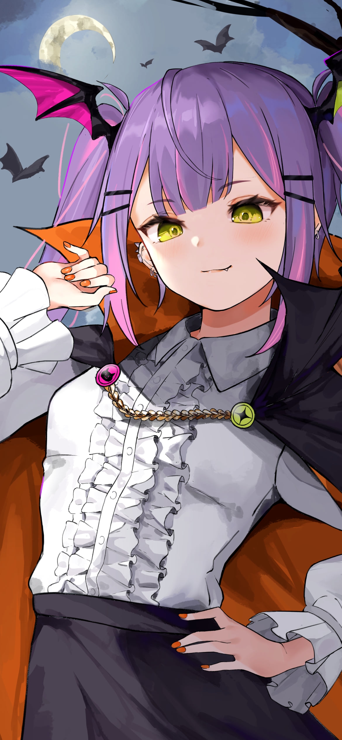ハロウィンコスの常闇トワ / ドラキュラ / コウモリ / 三日月 / ホロライブ / バーチャルYouTuber / Vtuberの1170 x 2532 / スマホ壁紙