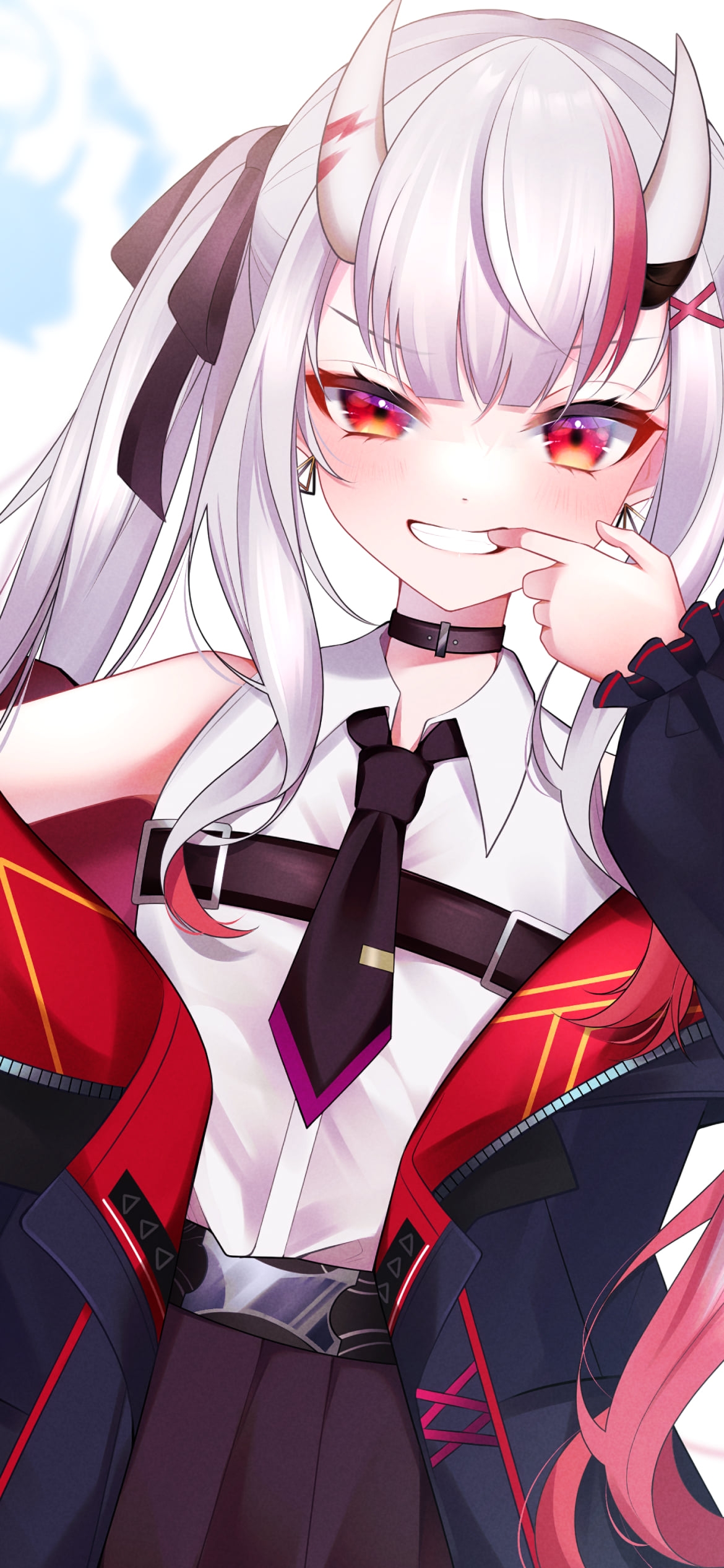口に指をあてる可愛い百鬼あやめ / 角 / 笑顔 / ホロライブ / バーチャルYouTuber / Vtuberの1170 x 2532 / スマホ壁紙