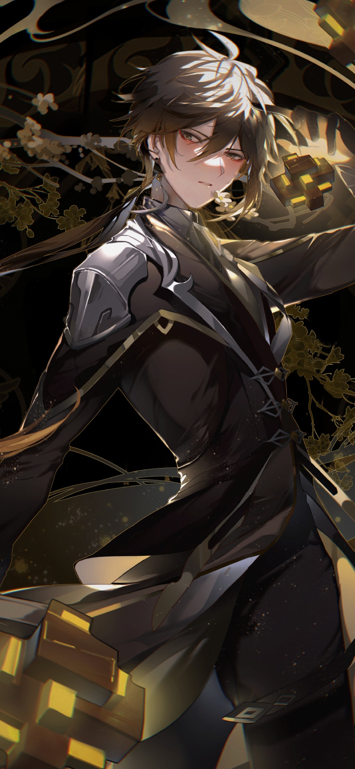 暗がりでこちらに振り向く鍾離（しょうり） / 原神の1170 x 2532 / スマホ壁紙