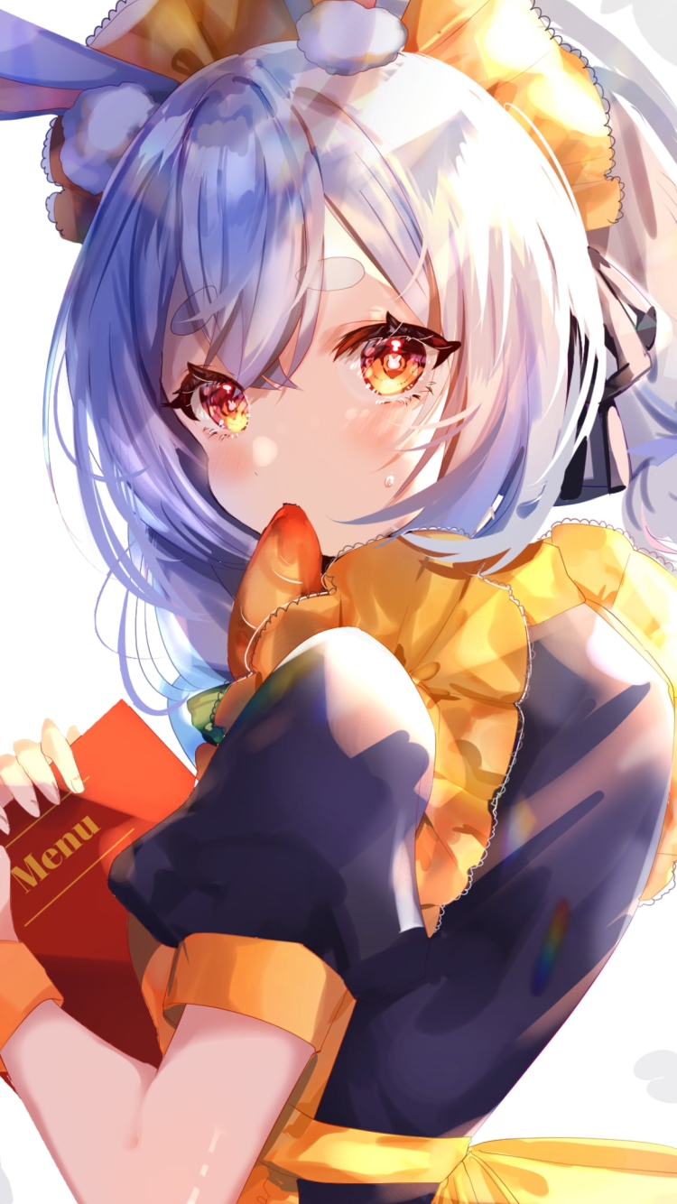 人参を咥えてメニューを持つ兎田ぺこら / ホロライブ / バーチャルYouTuber / Vtuberの750 x 1334 / スマホ壁紙