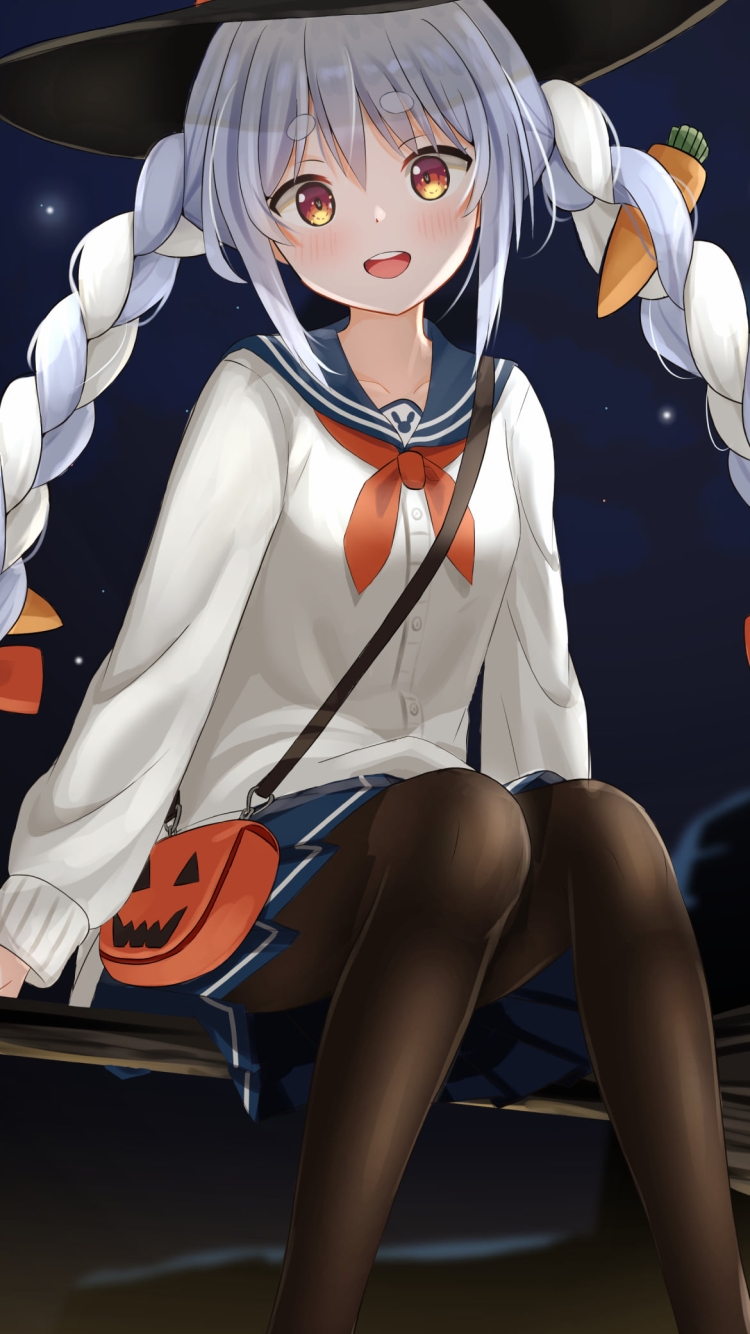 ハロウィンコスのホウキの乗った兎田ぺこら / ホロライブ / バーチャルYouTuber / Vtuberの750 x 1334 / スマホ壁紙