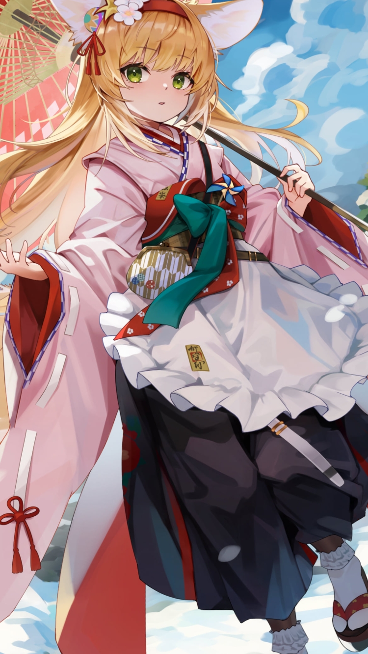 赤い和傘をさしピンクと紺の袴を履いた可愛いスズラン / アークナイツの750 x 1334 / スマホ壁紙