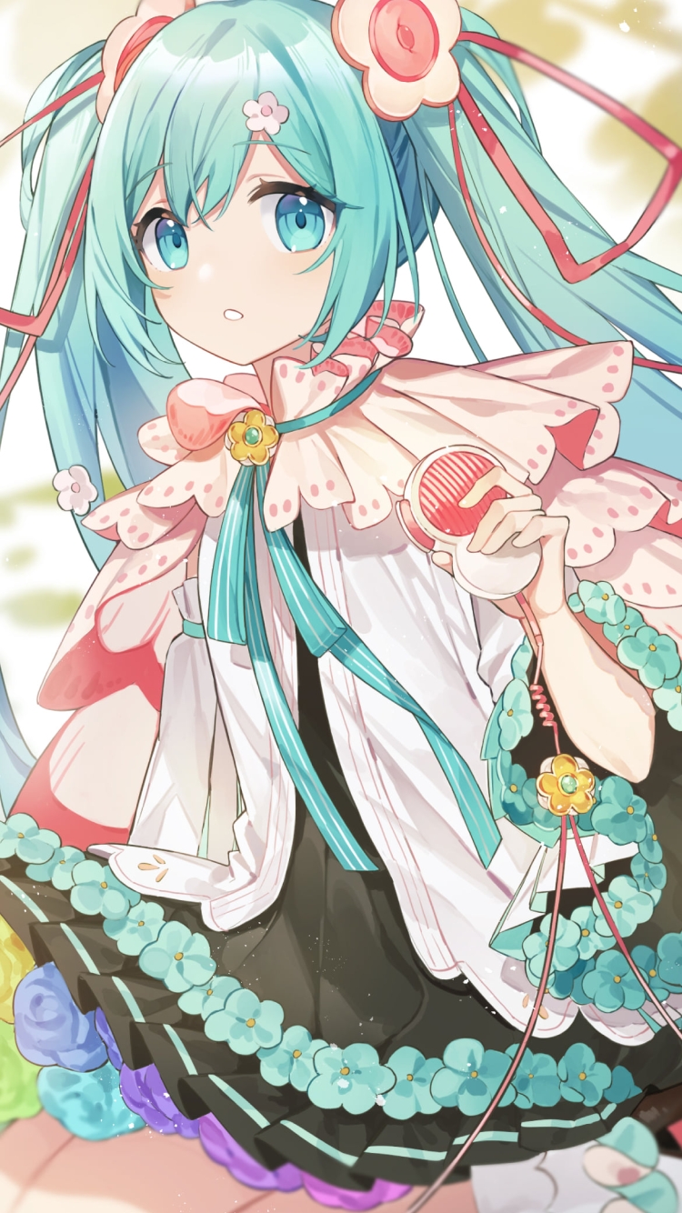 花が沢山ついた服を着た可愛い初音ミク / マジカルミライ / ボカロ / ボーカロイドの750 x 1334 / スマホ壁紙