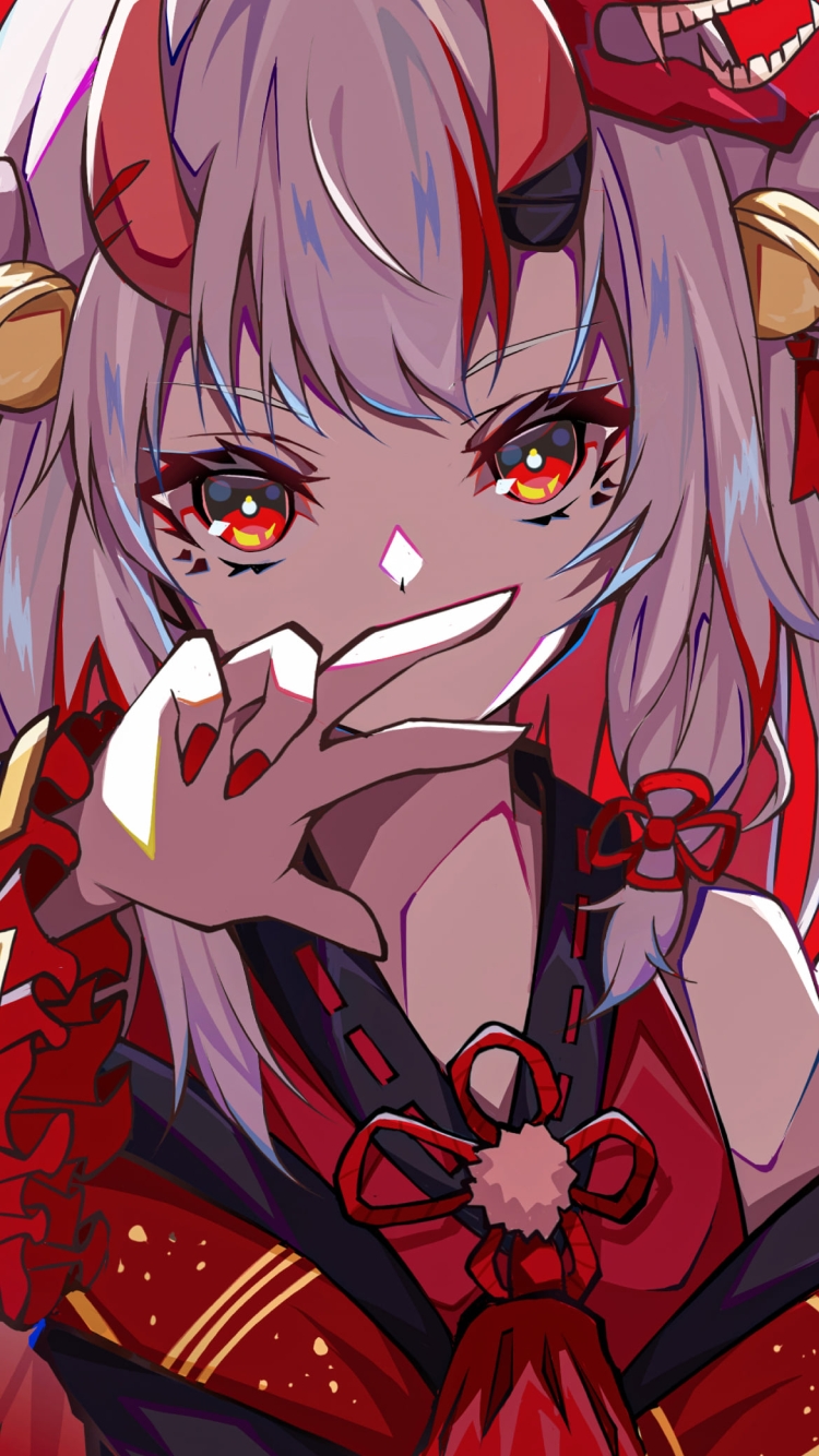 手を広げて口元を隠すかっこいい百鬼あやめ / ホロライブ / バーチャルYouTuber / Vtuberの750 x 1334 / スマホ壁紙