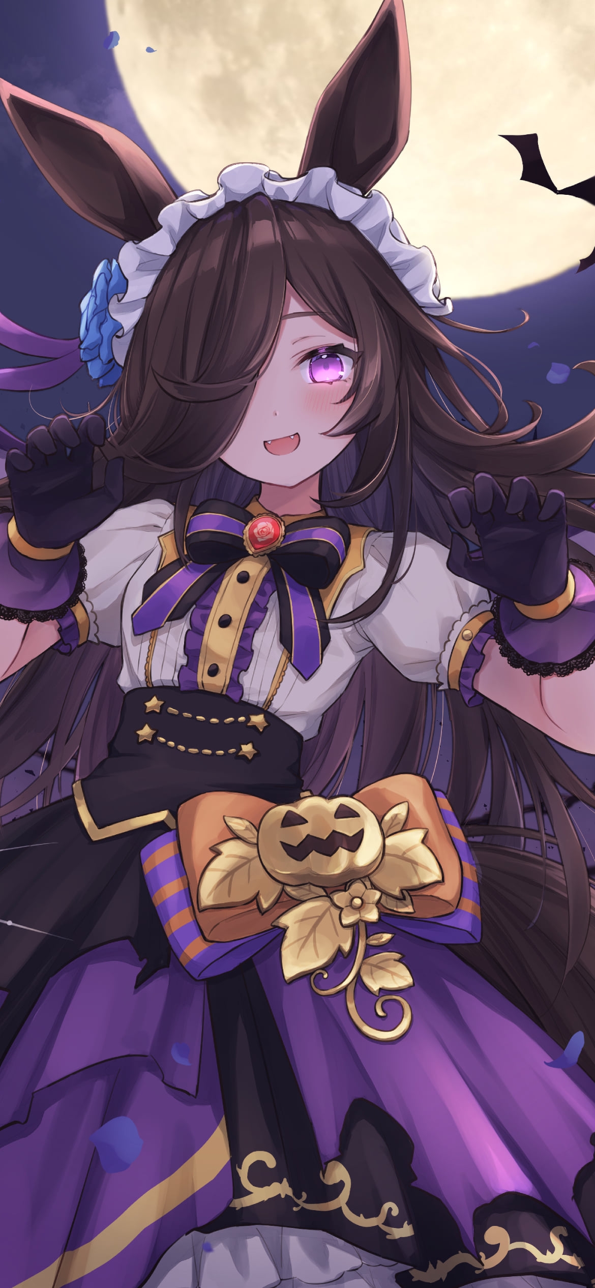 ドラキュラのコスをしたライスシャワー / コウモリ / 満月 / ウマ娘プリティーダービーの1170 x 2532 / スマホ壁紙