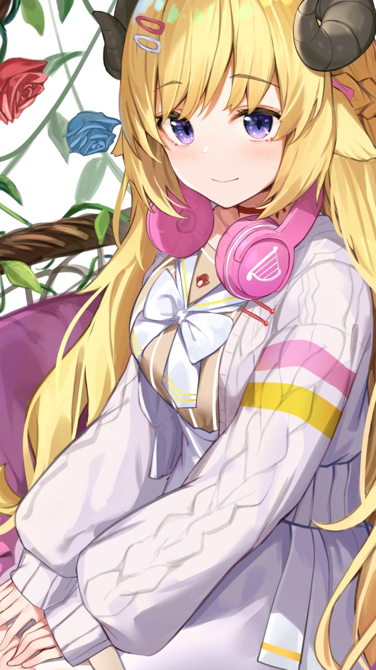 両ひざに手をそえてピンクの椅子に座った可愛い角巻わため / ホロライブ / バーチャルYouTuber / Vtuberの750 x 1334 / スマホ壁紙