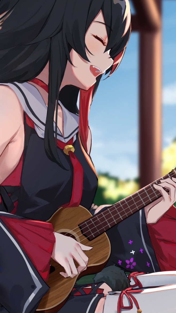 ウクレレを弾き唄う大神ミオ / ホロライブ / バーチャルYouTuber / Vtuberの750 x 1334 / スマホ壁紙