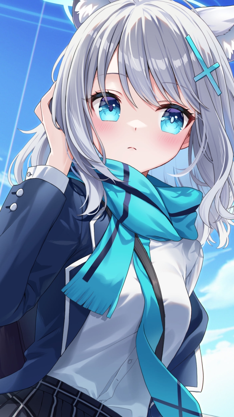 水色のマフラーを巻き髪をおさえる砂狼シロコ / ブルアカ / ブルーアーカイブの750 x 1334 / スマホ壁紙