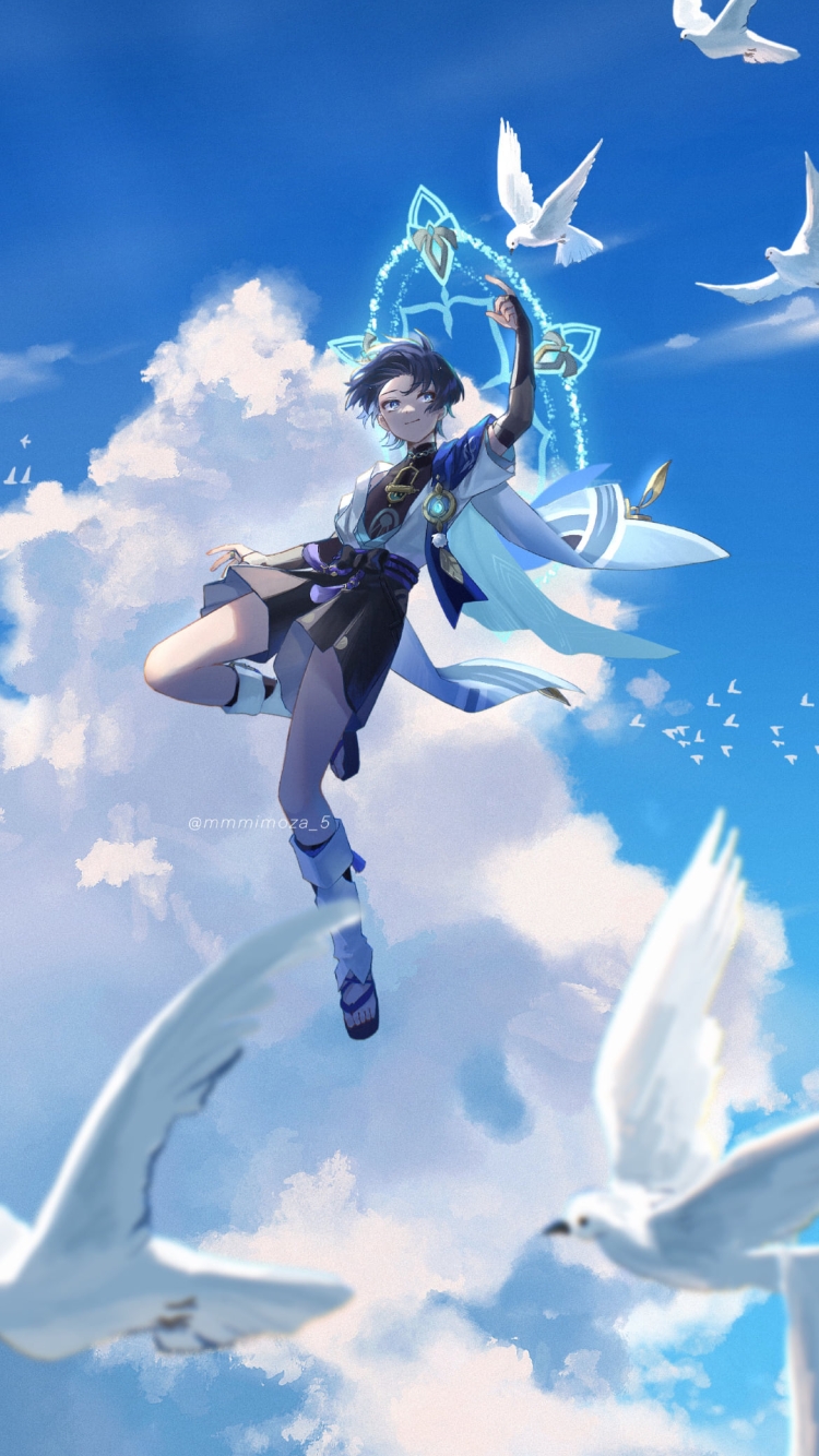 白い鳩の群れと空飛ぶスカラマシュ / 放浪者 / 夏空 / 原神の750 x 1334 / スマホ壁紙