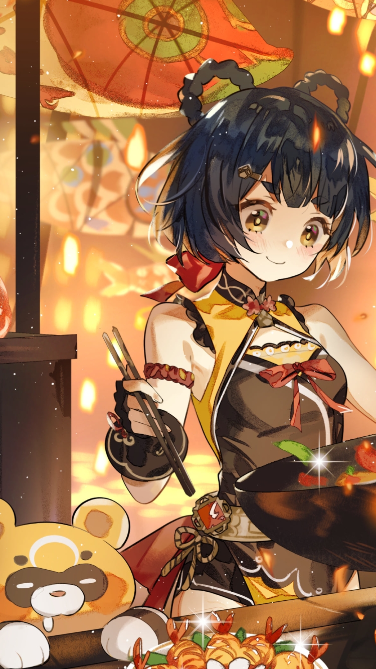 中華料理を料理する香菱と涎を垂らすグゥオパァー / 原神の750 x 1334 / スマホ壁紙