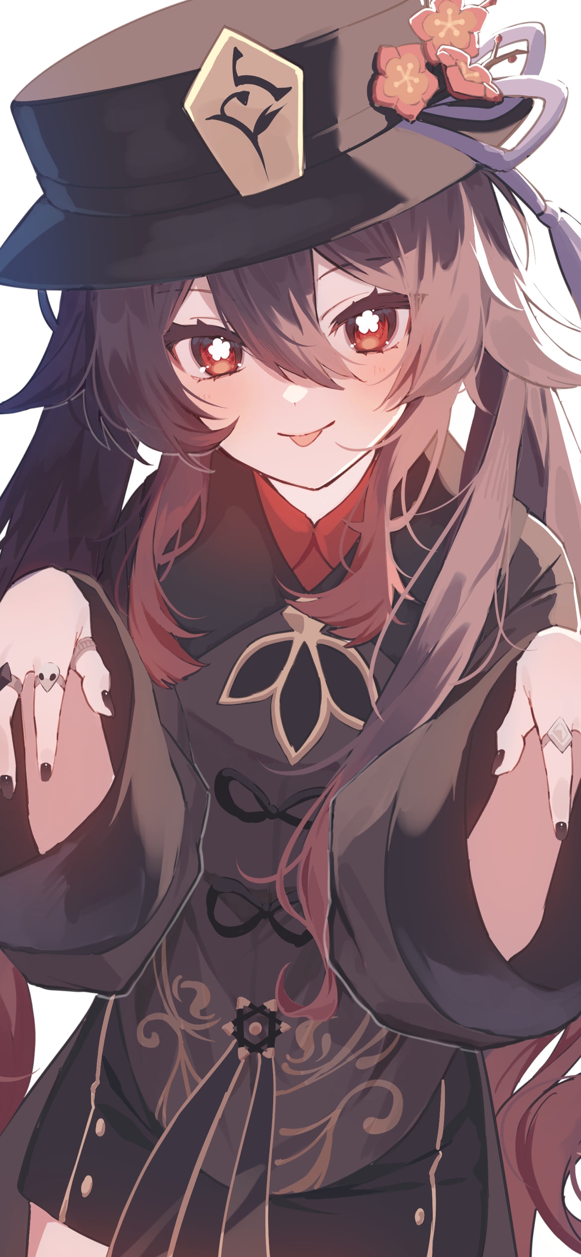 襲っちゃうぞポーズの舌を出した可愛い胡桃 / 赤いハート / 原神の1170 x 2532 / スマホ壁紙