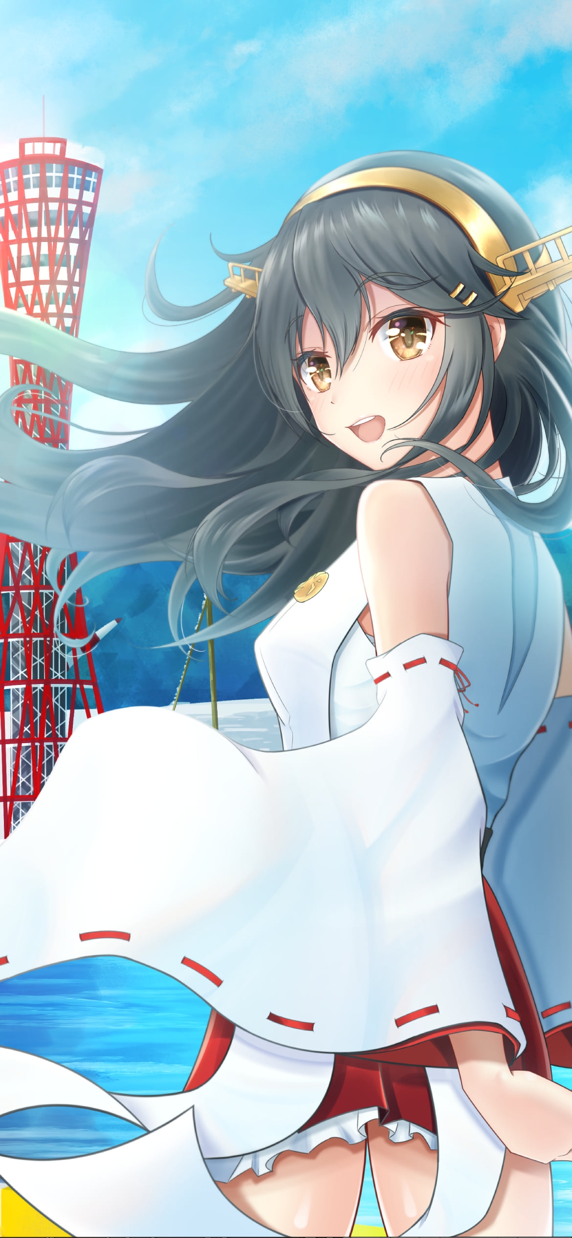 こちらに振り返る榛名(はるな) / 赤いタワー / 港 / 艦隊これくしょんの1170 x 2532 / スマホ壁紙