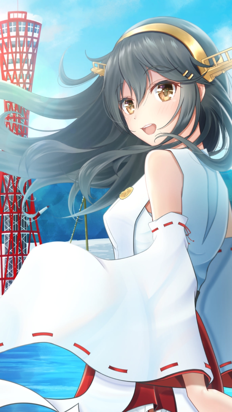 こちらに振り返る榛名(はるな) / 赤いタワー / 港 / 艦隊これくしょんの750 x 1334 / スマホ壁紙