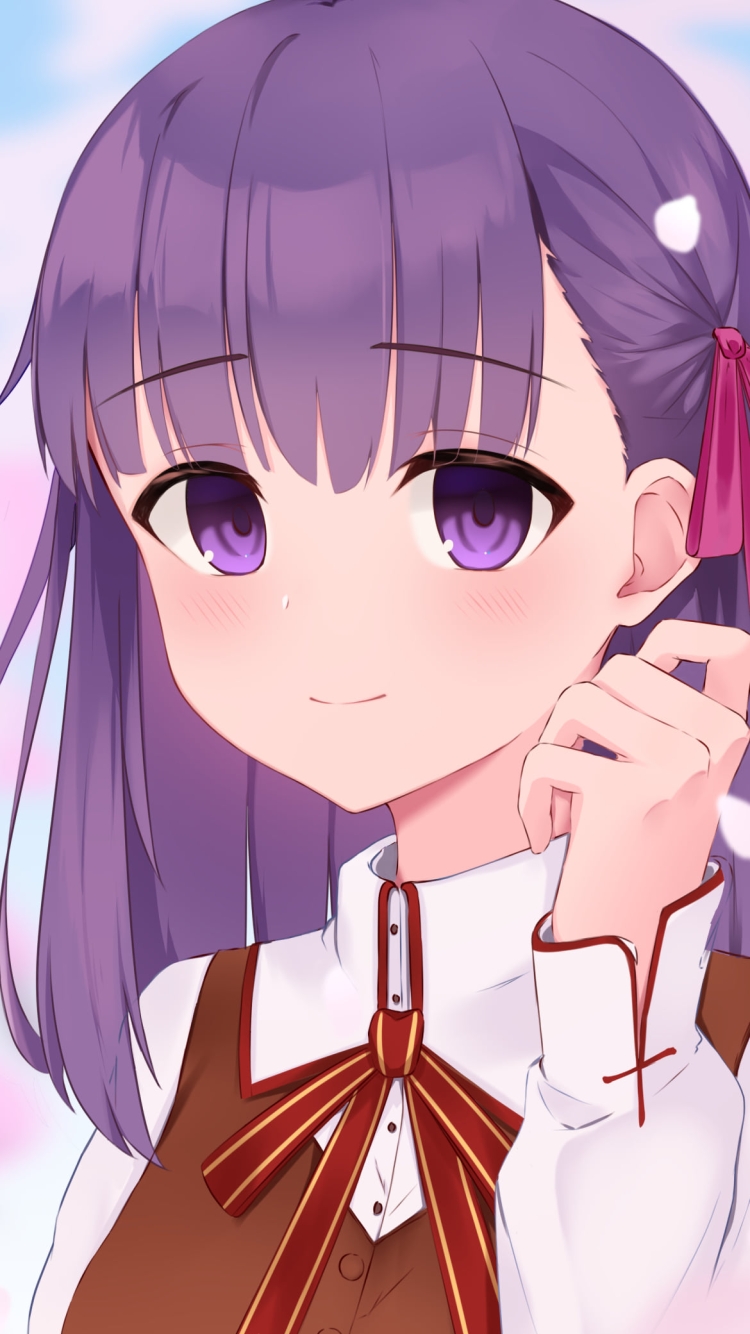 桜の花びらと微笑む間桐桜（まとうさくら） / Fateの750 x 1334 / スマホ壁紙