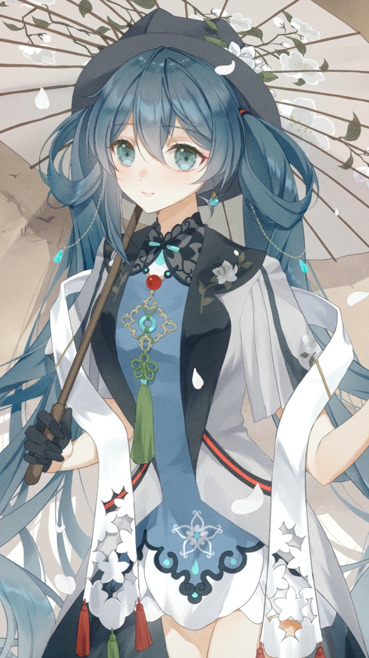 白い花柄の傘をさす初音ミク / 白と青の洋服 / 初音ミクの750 x 1334 / スマホ壁紙