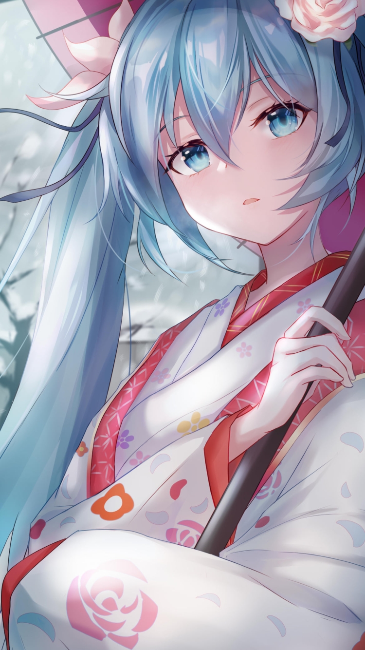 薔薇と梅の花柄の白い着物を着て赤い和傘をさす綺麗な初音ミクの750 x 1334 / スマホ壁紙