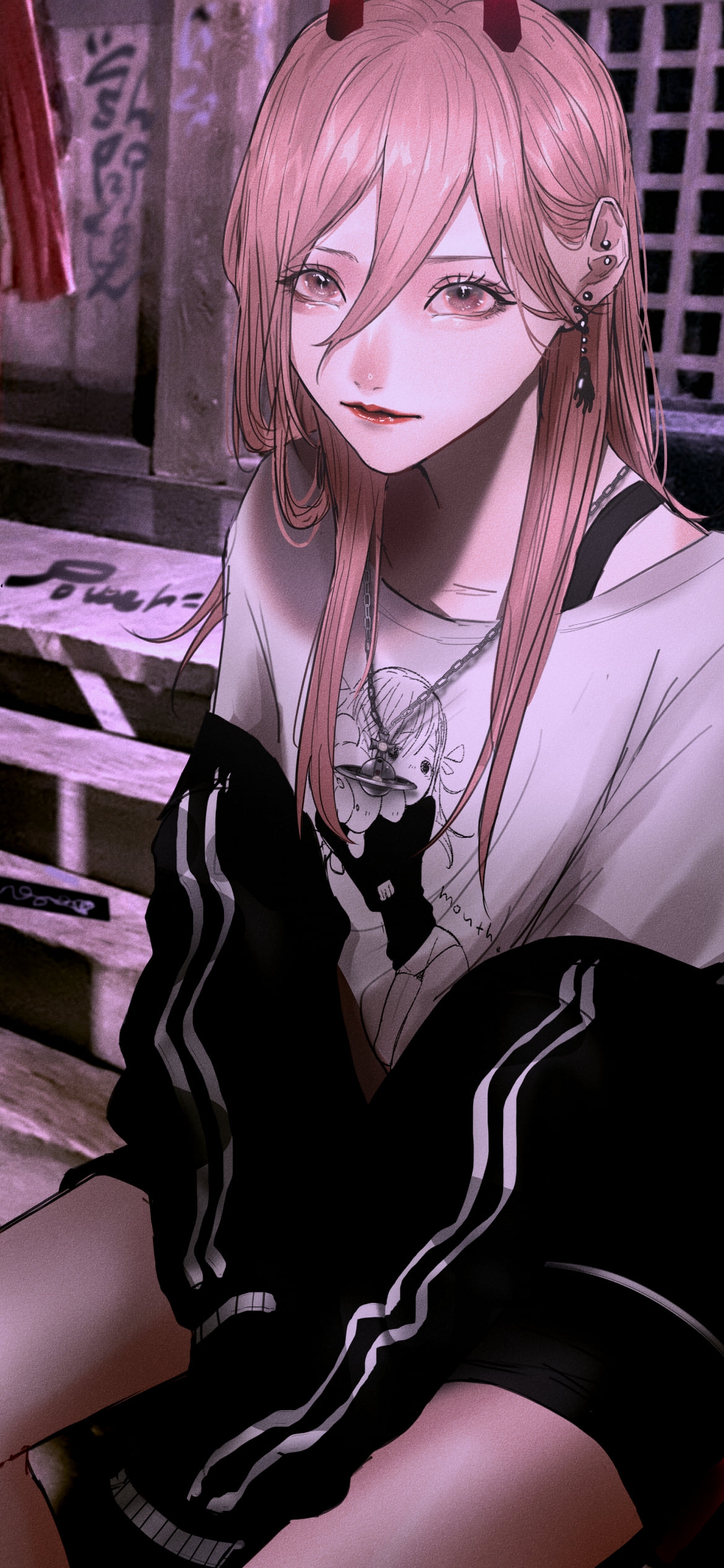 古びた階段に座るパワー / リアリスティック / チェンソーマンの1170 x 2532 / スマホ壁紙