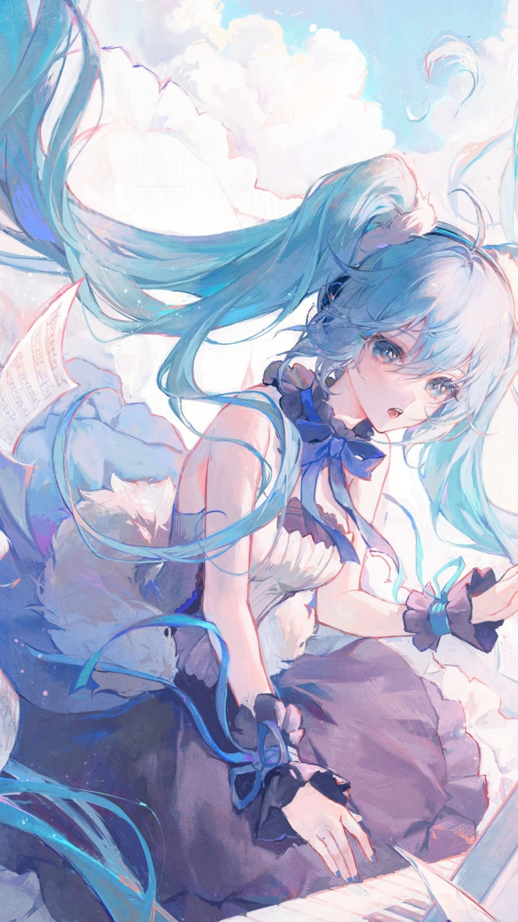 雲の上でピアノを弾く初音ミク / ボカロ / ボーカロイドの750 x 1334 / スマホ壁紙