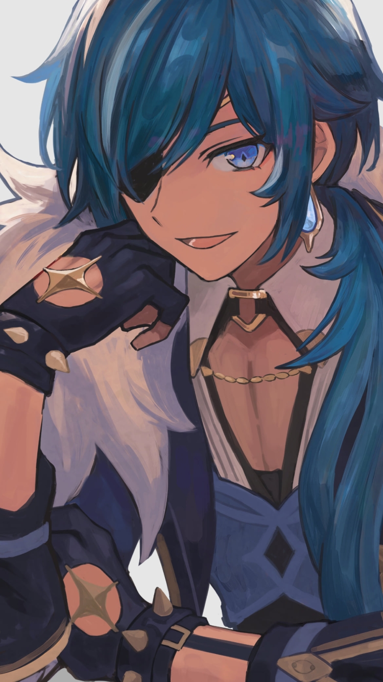 右ひじをついて笑うガイア・アルベリヒ / 原神の750 x 1334 / スマホ壁紙