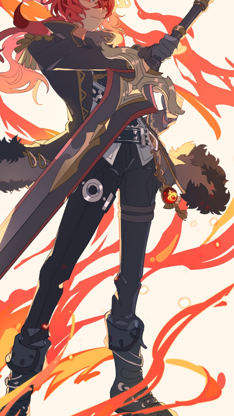 黒い大剣を持つかっこいいディルック・ラグヴィンド / ゆらめく炎 / 原神の750 x 1334 / スマホ壁紙