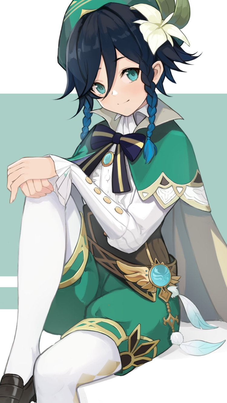 立膝をついて微笑むウェンティ / 原神の750 x 1334 / スマホ壁紙