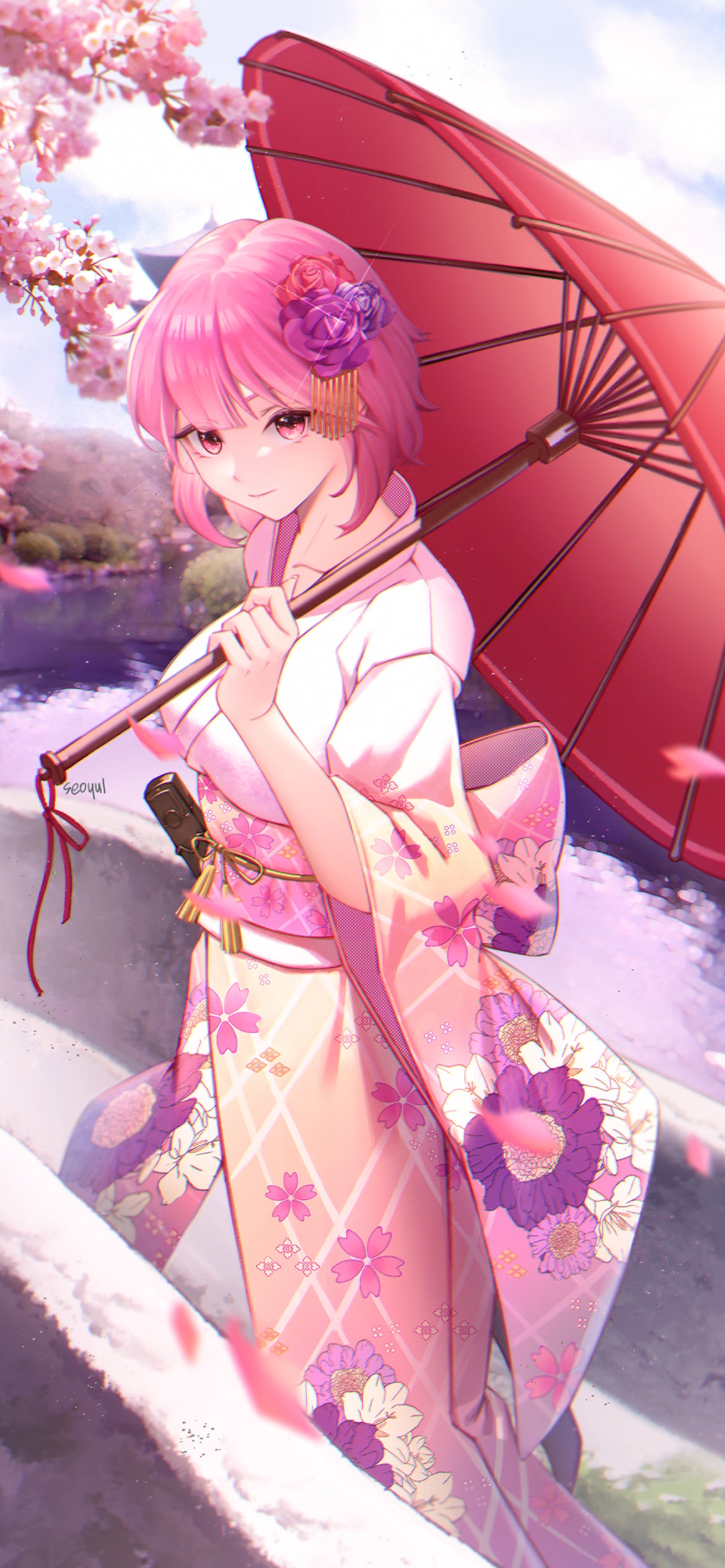 ピンクの着物を着て赤い和傘を持つヒイロ / 桜の花 / 白夜極光の1170 x 2532 / スマホ壁紙
