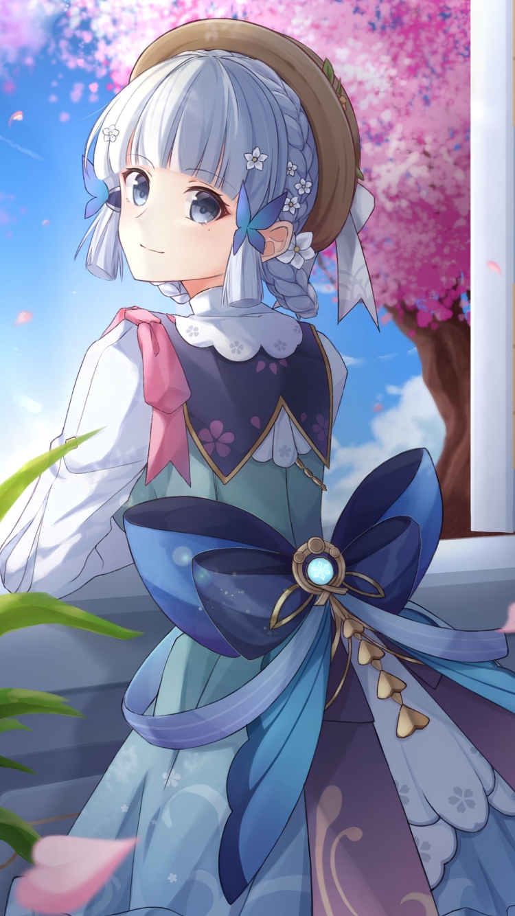 窓辺でこちらに振り返る神里綾華 / 桜の花 / 白い壁 / 原神の750 x 1334 / スマホ壁紙